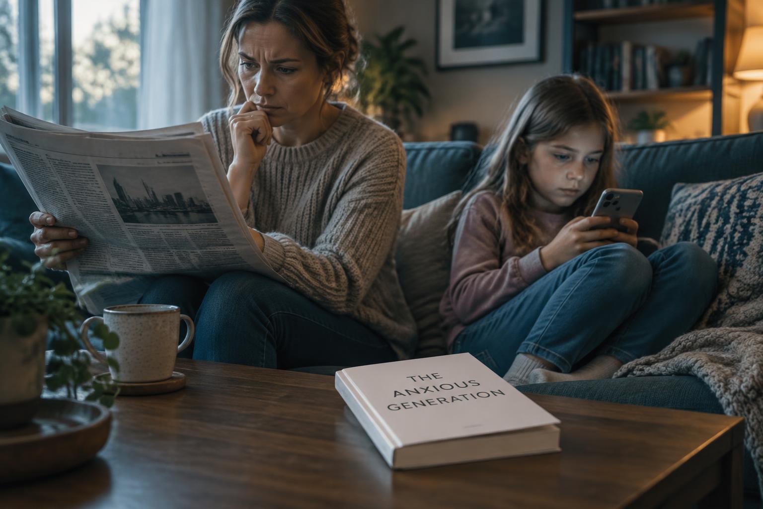 Mother reading a newspaper beside her daughter, with a book titled The Anxious Generation on the table.