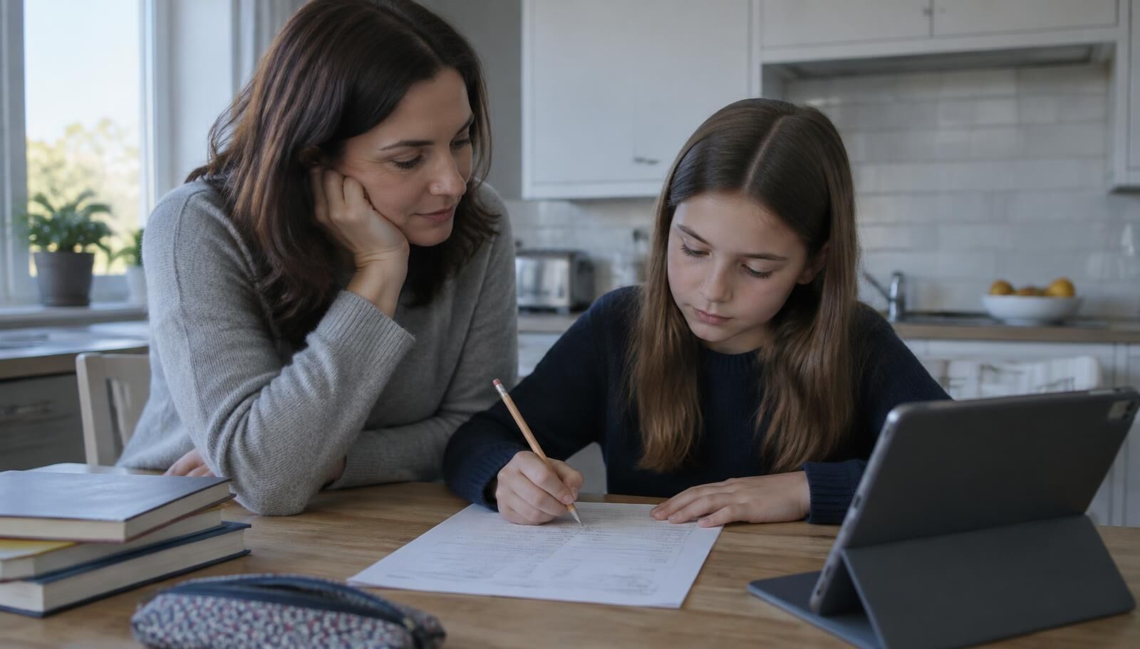 Mother sitting beside her daughter at a kitchen table as she works on a practice paper, with a tablet beside them.