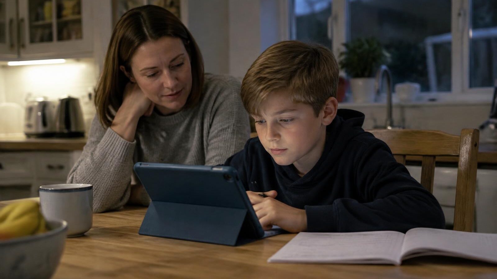Mother sitting beside her son at a kitchen table in the evening as he does homework on a tablet, with an open exercise book beside him.