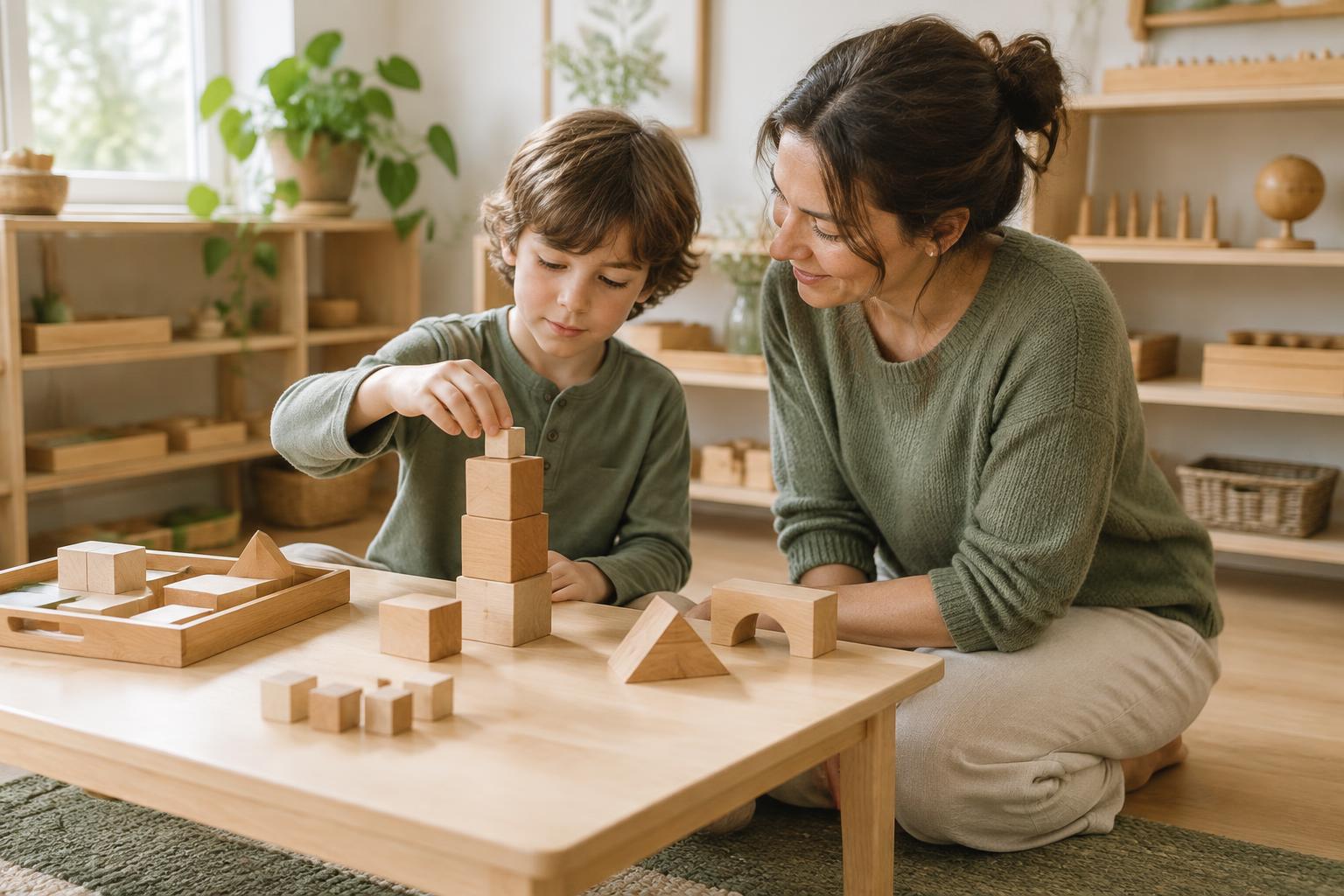 A mother and her young son sitting on the floor of a bright Montessori-style room, stacking natural wooden blocks together, with wooden learning materials on shelves behind them and no screens in sight.