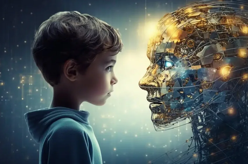 Illustration of a child facing a glowing artificial intelligence figure.