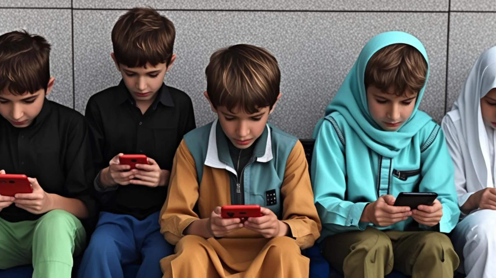Four children sitting together looking at their phones.