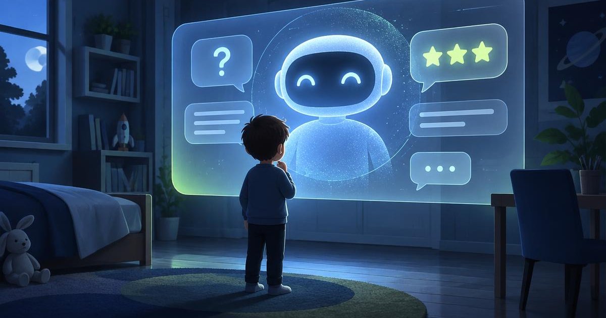 Editorial illustration of a young child seen from behind, standing in a dim blue bedroom facing a large glowing holographic AI chatbot face with speech bubbles, in cool navy tones with a soft lime accent.