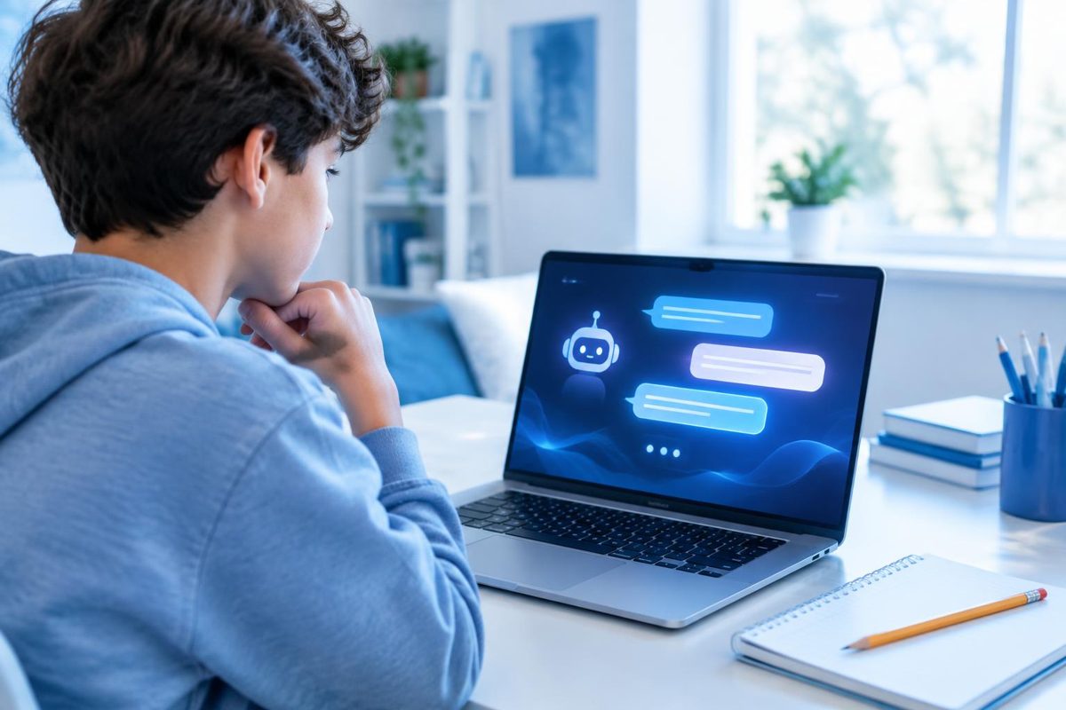 A teenager in a blue hoodie at a desk looking at a laptop showing an AI chatbot, with a notebook and pencil beside it.