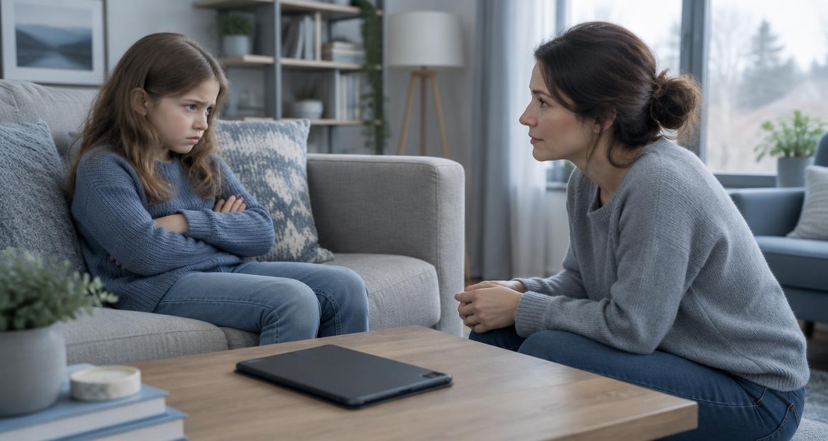 A frustrated girl sits on a grey sofa with arms crossed while her mother kneels at eye level talking calmly, with a tablet lying face-down on the coffee table between them.