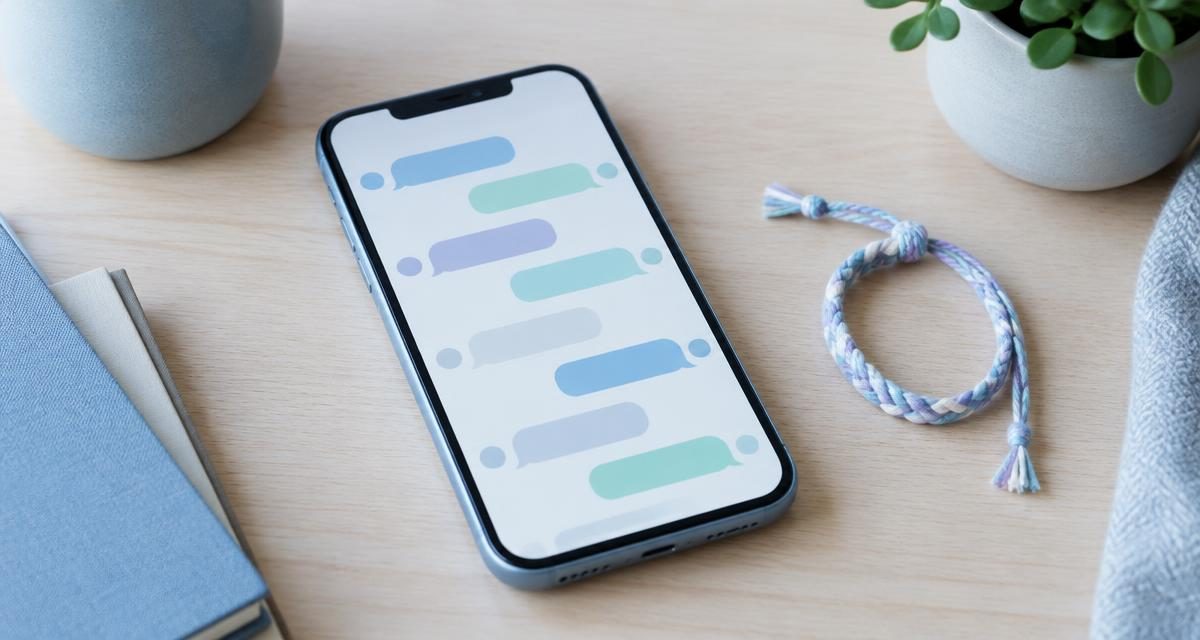 A smartphone on a light wooden desk showing colourful chat bubbles, with a pastel friendship bracelet beside it.